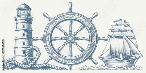 Vintage nautical illustration featuring a lighthouse ship s wheel and sailing ship