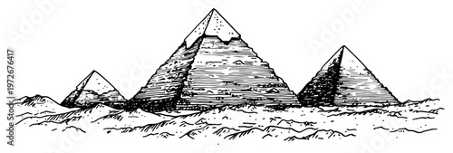 Great pyramids of Egypt in a desert landscape with sand dunes in hand drawn sketch style