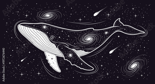 Celestial whale illustration swimming through deep space, adorned with stars, galaxies, and cosmic nebulae, surreal vector art.