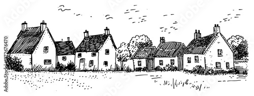 Village houses and cottages in a rural row hand drawn doodle style