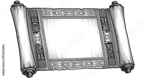 Hand-drawn ancient scroll illustration with blank vintage parchment paper and decorative borders. Old map or document background.