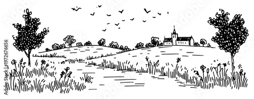 Rolling hills countryside landscape with small church and trees in hand drawn sketch style