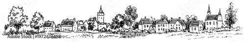Town skyline panorama with church tower and trees in dynamic ink sketch style