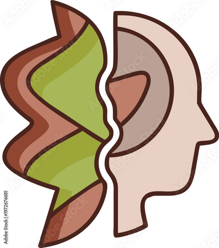 two overlapping human head profiles facing opposite directions symbolizing duality contrast perspective personality