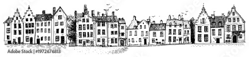 Old town street with historical european houses and architecture in hand drawn sketch style