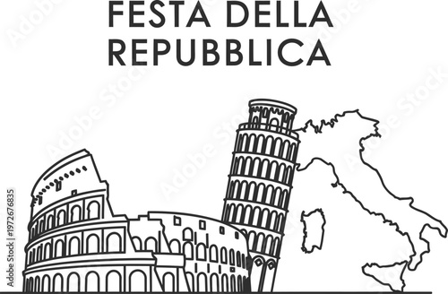 Celebrating republic day italy iconic landmarks of rome and pisa in a sketch illustration