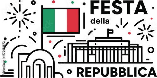 Celebrating republic day in italy festive illustration with italian flag fireworks and national monuments