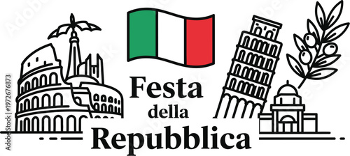 Celebrating republic day italy iconic landmarks and the italian flag in a festive illustration