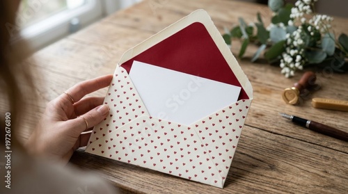 Hand Holding Heart Pattern Envelope with Letter on Wooden Table for Wedding Invitation