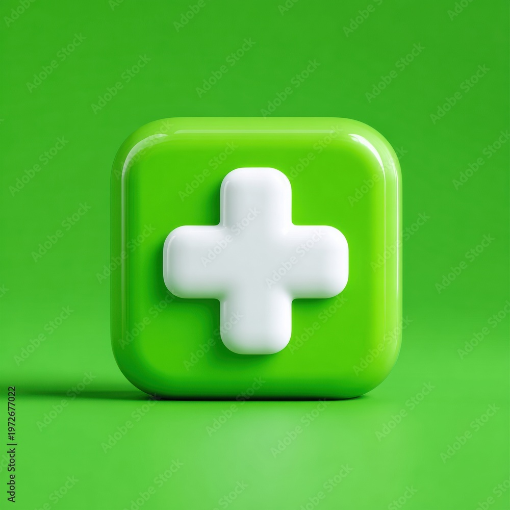 Obraz premium A hyperrealistic first aid cross icon floats on a bright green background under studio lighting, showcasing a clean design in a medical context.