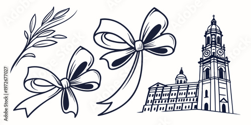 A collection of vintage botanical and architectural illustrations