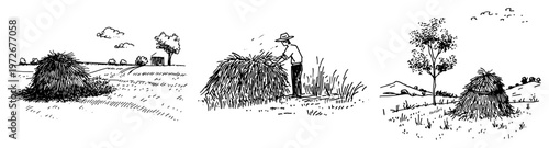Rural farm life scenes with haystacks and farmer in hand drawn sketch style