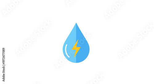 Clean Water Energy Droplet with Lightning Bolt Icon on Isolated White Background