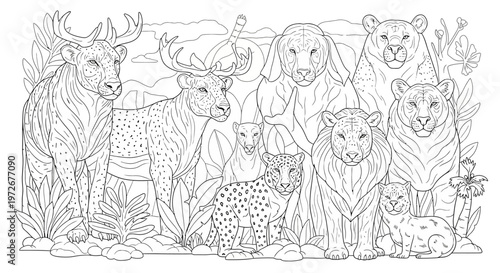 Detailed line art illustration of diverse wild animals: deer, cheetahs, lions, bear, and cubs in a jungle forest environment, perfect for adult coloring books.