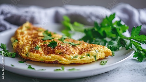 Delicious homemade omelette with fresh green parsley on a white plate.