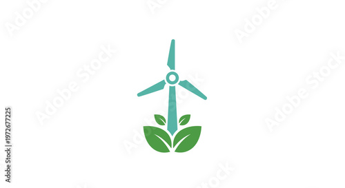 Wind Turbine with Green Leaves Symbolizing Wind Energy on Isolated White Background