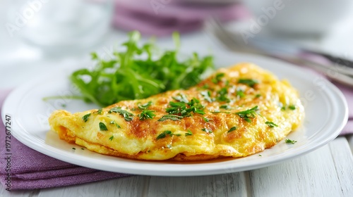 Savory omelette with fresh herbs and a side salad on a white plate on a wooden table
