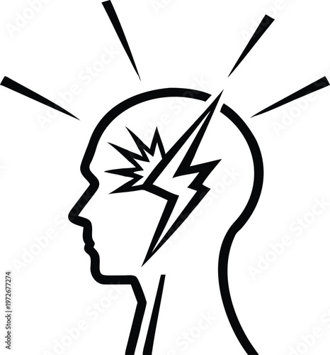 human head outline with lightning bolt inside symbolizing headache stress pain idea inspiration mental impact