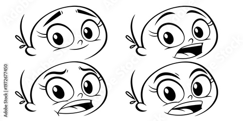 Four simple line drawings of a quirky cartoon character with big eyes and a wild hairstyle