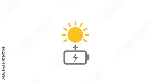 Bright sun icon above an outline battery with a lightning bolt, symbolizing solar charging and sustainable energy storage, isolated white background.