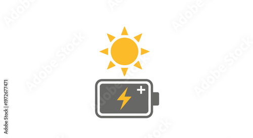 Bright sun icon above a battery with a lightning bolt, symbolizing solar charging and renewable energy storage, isolated white background.