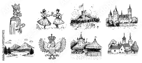 Polish folklore and historical icons collection with castles and folk dancers in hand drawn sketch style