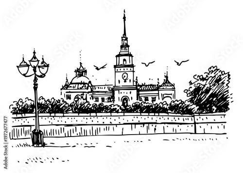 Historic building with central clock tower and vintage street lamp in hand drawn sketch style