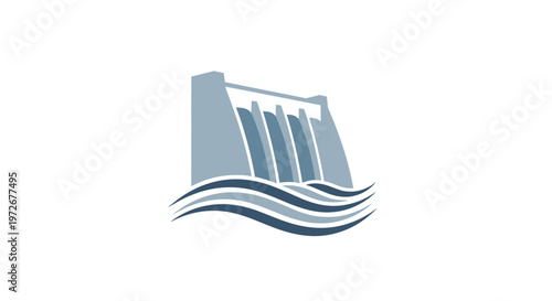 Abstract grey hydroelectric dam icon with stylized water waves, symbolizing hydro power generation and renewable energy, isolated white background.