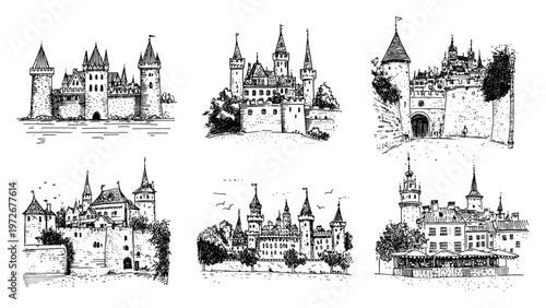 Collection of medieval castles and fortified palaces in detailed hand drawn engraving style