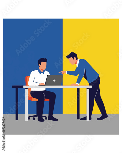 Boss scolding an employee at the office, pointing at laptop screen