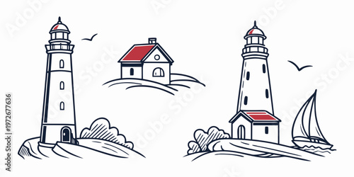 A quaint coastal town with a lighthouse and a horse-drawn carriage