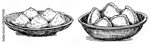 Pierogi and dumplings in ceramic bowls in hand drawn sketch style