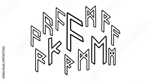 Ancient Futhark Runes Outline Pattern. Nordic Viking Symbols, Magic Characters, and Pagan Alphabet for Esoteric Design.