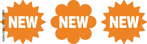 Set of orange starburst and flower shaped new arrival stickers and promotion badges for retail marketing and e-commerce.