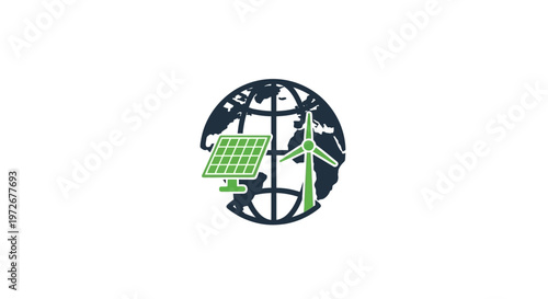 Global Renewable Energy Concept with Solar Panel and Wind Turbine inside a Networked Circle on isolated white background