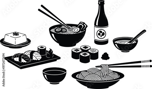 A black and white illustration of traditional japanese cuisine featuring sushi ramen and sake