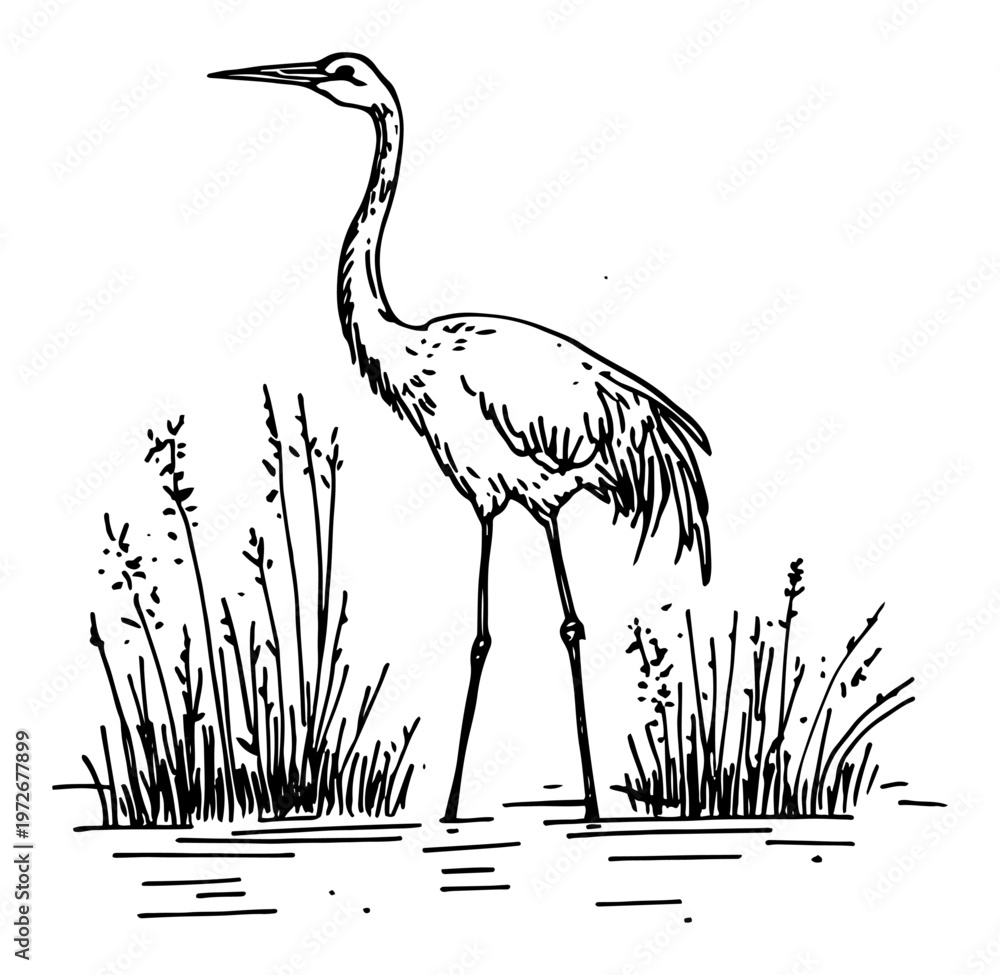Fototapeta premium Heron bird standing in wetland water among reeds in hand drawn sketch style