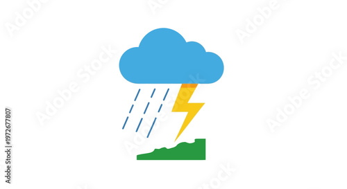 Blue Rain Cloud with Lightning Bolt and Falling Raindrops on Green Ground, Stormy Weather Icon on Isolated White Background.