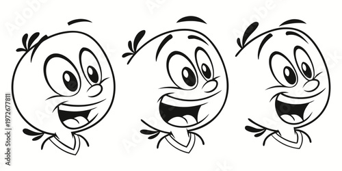 Three smiling faces with curly hair and playful expressions