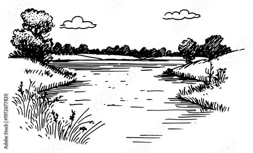 River landscape with trees and clouds over the water in hand drawn sketch style
