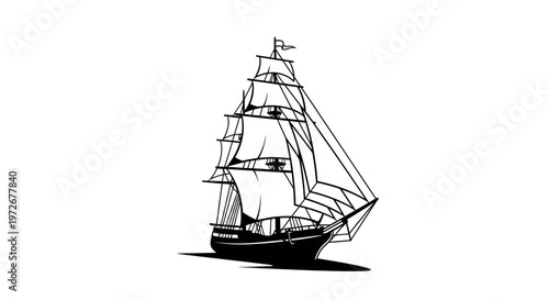 Vintage Tall Ship Vector Illustration. Classic Sailing Vessel, Nautical Marine Transport Art. Monochrome Clipper Ship Graphic.