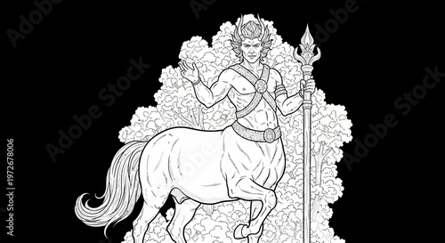 Detailed Centaur Line Art Illustration with Spear. Mythological Greek Fantasy Creature, Half-Human Half-Horse Warrior Drawing.