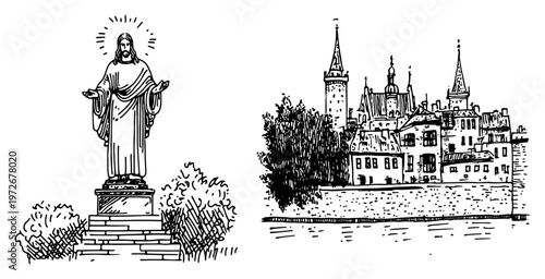 Jesus Christ statue and historic European waterfront architecture in sketch style