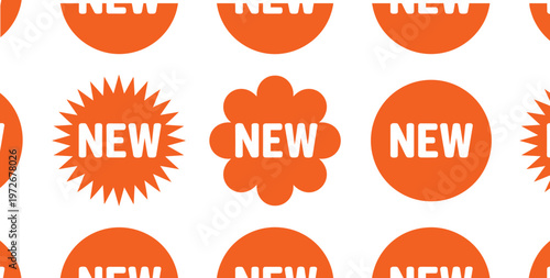 Set of orange starburst and flower shaped new arrival stickers and promotion badges for retail marketing and e-commerce