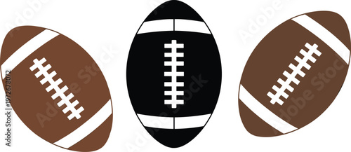 Set of American football vector icons with brown and black geometric ball shapes and white lacing for sports branding