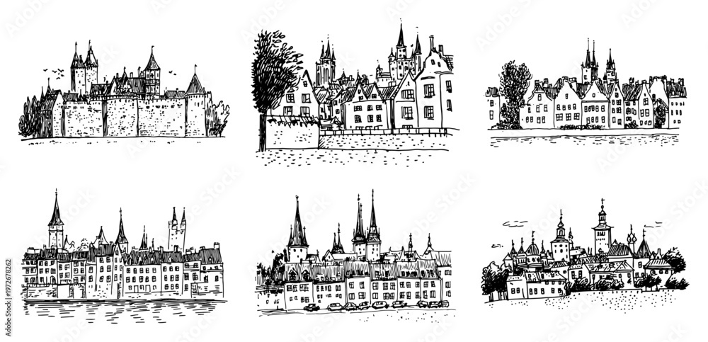 Fototapeta premium Cityscape panoramas and waterfront town views in hand drawn sketch style