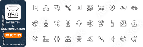 Satellite and communication icon set featuring wireless network, signal transmission, telecom technology, GPS systems, connectivity symbols
