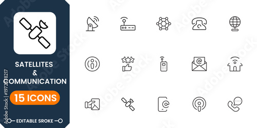 Modern satellite communication icons with wireless signals, telecom networks, GPS navigation, broadcasting systems and digital connectivity