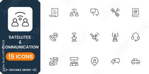 Modern satellite communication icons with wireless signals, telecom networks, GPS navigation, broadcasting systems and digital connectivity