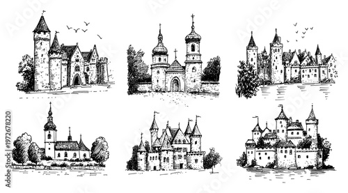 Medieval castles and historical fortress buildings collection in hand drawn sketch style